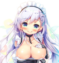 Rule 34 | 1girl, apron, asa (swallowtail), azur lane, bare shoulders, belfast (azur lane), blue eyes, blush, braid, breasts, chain, cleavage, closed mouth, collarbone, commentary request, gloves, hair between eyes, large breasts, light purple hair, long hair, looking at viewer, maid, maid apron, maid headdress, smile, solo, upper body, white gloves