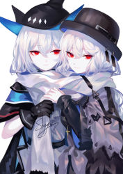 Rule 34 | 2girls, absurdres, arknights, artist name, black gloves, black headwear, commentary, gloves, grey scarf, highres, multiple girls, official alternate costume, scarf, shared clothes, shared scarf, sheya, signature, silver hair, simple background, skadi (arknights), specter (arknights), specter (undercurrent) (arknights), symbol-only commentary, upper body, white background