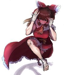 Rule 34 | 1girl, bandages, bandaged foot, bandaged foot, bandaged hand, bandages, bloomers, breasts, brown hair, cookie (touhou), haburashi, hakurei reimu, highres, kanna (cookie), large breasts, long hair, muscular, muscular female, solo, stance, standing, standing on one leg, touhou, underwear, white background