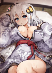 Rule 34 | 1girl, ahoge, blue eyes, blush, braid, braided ponytail, breasts, cleavage, closed mouth, commentary, dot nose, futon, grey hair, grey kimono, hair between eyes, hair ornament, heart, highres, japanese clothes, kimono, kizuna akari, large breasts, long hair, looking at viewer, lying, on back, se-u-ra, smile, solo, sweat, symbol-only commentary, very long hair, voiceroid, yukata