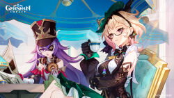 Rule 34 | 2girls, bare shoulders, black gloves, blonde hair, bow, bowtie, breast curtains, breasts, chair, chevreuse (genshin impact), cup, detached sleeves, earmuffs, earmuffs around neck, emilie (genshin impact), eyepatch, genshin impact, glasses, gloves, gradient hair, hairband, hat, highres, holding, holding cup, jewelry, long hair, long sleeves, medium breasts, multicolored hair, multiple girls, newspaper, non-web source, official art, pink eyes, pink hair, purple eyes, shako cap, sitting, streaked hair, two-tone hair, very long hair, white gloves, white hair