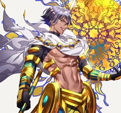 Rule 34 | 1boy, :d, abs, armor, bare pectorals, black gloves, black hair, cape, commentary request, dark-skinned male, dark skin, earrings, egyptian, egyptian art, egyptian clothes, fate/prototype, fate (series), gauntlets, glint, gloves, gold trim, greaves, green eyes, hair between eyes, highres, holding, jewelry, looking at viewer, male focus, navel, open mouth, ozymandias (fate), pectorals, short sleeves, smile, solo, tenobe, topless male, turtleneck, white cape