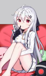 Rule 34 | 1girl, absurdres, aged down, ahoge, barefoot, black bow, black gloves, black panties, blouse, blush, bow, breasts, closed mouth, dinergate (girls&#039; frontline), doll, finger to mouth, girls&#039; frontline, gloves, grey hair, hair between eyes, hair ornament, hair ribbon, hairclip, highres, hugging own legs, iws 2000 (girls&#039; frontline), long hair, looking at viewer, military, military uniform, panties, pantyshot, pleated skirt, red eyes, ribbon, shirt, shushing, sidelocks, sitting, skirt, small breasts, smile, solo, starfox1015, stuffed toy, thighs, underwear, uniform, white shirt
