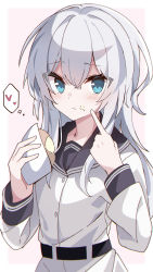 Rule 34 | 1girl, absurdres, black sailor collar, blue eyes, closed mouth, commentary request, fathom, food, food on face, grey hair, hair between eyes, heart, hibiki (kancolle), highres, holding, holding food, jacket, kantai collection, long hair, long sleeves, looking at viewer, pink background, pointing, pointing at self, sailor collar, solo, spoken heart, two-tone background, verniy (kancolle), very long hair, white background, white jacket