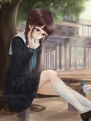 Rule 34 | 1girl, absurdres, blunt bangs, blush, braid, brown hair, child, commission, free palet, glasses, hair ornament, hairclip, hand up, head down, highres, kneehighs, long sleeves, looking at another, medicine, neckerchief, on bench, original, outdoors, parted bangs, pixiv commission, pleated skirt, red-framed eyewear, school, school uniform, scraped knee, serafuku, sitting, skirt, socks, solo focus, tearing up, tree, twin braids, under tree