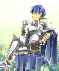 Rule 34 | 1boy, armor, armored boots, belt, black belt, blue cape, blue hair, boots, breastplate, bush, cape, chair, closed eyes, closed mouth, commentary request, cross, crossed legs, cup, foot out of frame, gauntlets, holding, holding cup, leg armor, male focus, natsuya (kuttuki), paladin (ragnarok online), pauldrons, ragnarok online, short hair, shoulder armor, sitting, smile, solo, teacup