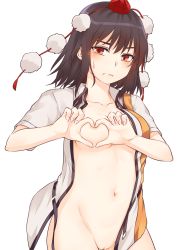 Rule 34 | 1girl, black hair, blush, breasts, brown eyes, collarbone, commentary request, frown, groin, hat, heart, heart-shaped boob challenge, heart hands, highres, looking at viewer, medium breasts, miyo (ranthath), navel, open clothes, open shirt, pom pom (clothes), pussy, shameimaru aya, shirt, short hair, short sleeves, simple background, solo, stomach, sweat, tassel, tokin hat, touhou, upper body, white background, white shirt