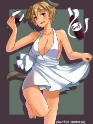 Rule 34 | 10s, 1girl, absurdres, alcohol, alternate costume, animal ears, arm up, backless dress, backless outfit, bare shoulders, barefoot, blonde hair, blush, bottle, bow, brave witches, breasts, brown eyes, character name, cleavage, collarbone, commentary, cup, dog ears, dog tail, dress, drinking glass, halterneck, head tilt, highres, hiroshi (hunter-of-kct), large breasts, light brown hair, looking at viewer, no bra, open mouth, panties, pantyshot, shadow, short hair, sideboob, skirt hold, smile, solo, standing, standing on one leg, tail, underwear, waltrud krupinski, white dress, wine, wine bottle, wine glass, world witches series