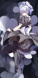 Rule 34 | 1girl, absurdres, clothes lift, darker than black, dress, dress lift, from behind, garter straps, high heels, highres, looking back, maid, ponytail, purple eyes, saberiii, shoes, silver hair, solo, thighhighs, wrist cuffs, yin (darker than black)