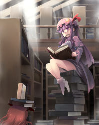 Rule 34 | 2girls, bat wings, bespectacled, blunt bangs, book, book on head, book stack, bookshelf, bow, crescent, female focus, glasses, hair bow, hat, head wings, koakuma, library, long hair, looking at viewer, mob cap, multiple girls, object on head, open book, patchouli knowledge, purple eyes, purple hair, railing, reading, red hair, shin (new), sitting, socks, sweat, thighs, touhou, voile, white legwear, wings