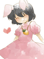 Rule 34 | 1girl, ^ ^, animal ears, bad id, bad pixiv id, black hair, blush, rabbit ears, carrot, carrot necklace, closed eyes, dress, closed eyes, female focus, hammer (sunset beach), inaba tewi, jewelry, necklace, pendant, short hair, smile, solo, touhou