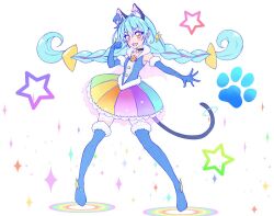 Rule 34 | 1girl, animal ears, black choker, blue footwear, blue gloves, blue hair, boots, braid, cat ears, cat tail, choker, cure cosmo, dress, elbow gloves, full body, fur-trimmed boots, fur-trimmed gloves, fur trim, gloves, hair between eyes, hat, kyoutsuugengo, long hair, looking at viewer, magical girl, mini hat, mini top hat, multicolored hair, open mouth, pink hair, precure, rainbow skirt, smile, solo, sparkle, star (symbol), star twinkle precure, streaked hair, tail, thigh boots, top hat, triangle hair ornament, twin braids, very long hair, yellow eyes, yuni (precure)