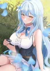 Rule 34 | 1girl, absurdres, alcohol, arm support, bare arms, blue bow, blue bowtie, blue hair, blush, bow, bowtie, braid, breasts, cleavage, drink, elf, falling petals, flower, frills, grass, hair flower, hair ornament, half updo, highres, holding, holding drink, hololive, large breasts, long hair, looking down, mofu07519, outdoors, petals, plant, pleated skirt, pointy ears, sake, sidelocks, sitting, skirt, sleeveless, solo, thighs, virtual youtuber, yellow eyes, yukihana lamy