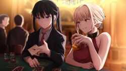 Rule 34 | 2boys, 2girls, absurdres, bare shoulders, black hair, black jacket, black ribbon, blonde hair, blurry, blurry background, card, chxoswolf, collared shirt, commentary, cup, dress, english commentary, hair between eyes, hair ribbon, highres, holding, holding card, holding cup, indoors, inoue takina, jacket, jewelry, long hair, long sleeves, looking at another, lycoris recoil, multiple boys, multiple girls, necklace, necktie, nishikigi chisato, official alternate costume, official alternate hairstyle, parted lips, playing card, poker chip, poker table, ponytail, purple eyes, red dress, red eyes, red necktie, ribbon, shirt, short hair, sidelocks, sleeveless, sleeveless dress, smile, table, upper body, white shirt