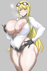 Rule 34 | 10s, 1girl, areola slip, bandai, bare legs, black gloves, black shorts, blonde hair, blue eyes, blush, breasts, cleavage, covered erect nipples, curvy, digimon, digimon story: cyber sleuth, dress shirt, eyewear on head, female focus, female pubic hair, gloves, hair ornament, heavy breathing, highres, huge breasts, jewelry, kuremi kyouko, long hair, looking at viewer, midriff, natedecock, navel, no bra, pubic hair, puffy nipples, shiny skin, shirt, short shorts, shorts, simple background, solo, sunglasses, sweat, thick thighs, thighs, white shirt, wide hips