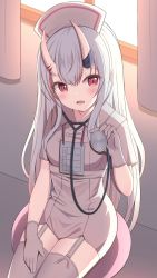 Rule 34 | 1girl, :d, absurdres, backlighting, commentary request, curtains, dress, garter straps, gloves, grey hair, hair between eyes, hand up, hat, highres, holding, hololive, horns, indoors, long hair, multicolored hair, nakiri ayame, nurse, nurse cap, oni, open mouth, red eyes, red hair, short sleeves, sitting, skin-covered horns, smile, solo, starfox1015, stethoscope, streaked hair, thighhighs, very long hair, virtual youtuber, white dress, white gloves, white hat, white thighhighs, window