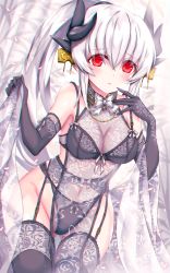 Rule 34 | 1girl, black bra, black gloves, black panties, black thighhighs, bra, breasts, covered navel, dragon girl, dragon horns, elbow gloves, fate/grand order, fate (series), garter belt, gloves, grey hair, highres, horns, kiyohime (fate), kiyohime (third ascension) (fate), large breasts, morizono shiki, multiple horns, panties, panties over garter belt, ponytail, red eyes, solo, thighhighs, underwear, underwear only