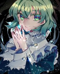 Rule 34 | 1girl, black background, capelet, closed mouth, green eyes, green hair, highres, juliet sleeves, light particles, long sleeves, looking at viewer, naganegi, own hands together, puffy sleeves, short hair, soga no tojiko, solo, touhou, upper body, white capelet