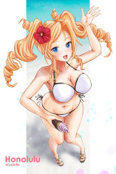 Rule 34 | 1girl, absurdres, bikini, blonde hair, blue eyes, breasts, cleavage, commentary request, drill hair, food, from above, front-tie bikini top, front-tie top, highres, honolulu (kancolle), ice cream, kantai collection, large breasts, long hair, looking at viewer, official alternate costume, sandals, side-tie bikini bottom, skypixter, solo, swimsuit, twin drills, twintails, waving, white bikini