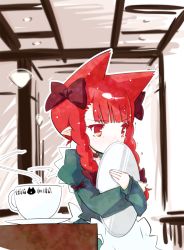 Rule 34 | 1girl, animal ears, animal print, apron, blunt bangs, blurry, blush, braid, cat ears, cat print, covering own mouth, cup, depth of field, extra ears, hair ribbon, highres, hugging object, kaenbyou rin, maid apron, pointy ears, red eyes, red hair, ribbon, saucer, solo, steam, tani takeshi, teacup, tears, touhou, tray, twin braids, waitress