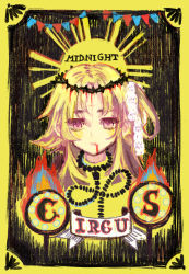 Rule 34 | 1girl, black background, blonde hair, blood, blood on face, bow, crown of thorns, fake ad, hair bow, highres, kirame kirai, lisette (pocket mirror), long hair, looking at viewer, multicolored background, noose, official art, pale skin, pocket mirror, poster (object), purple eyes, side ponytail, spoilers, thorns, yellow background