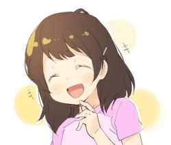 Rule 34 | 1girl, ^ ^, andou saki, brown hair, closed eyes, denchuubou, closed eyes, hair ornament, hairclip, hand to own mouth, laughing, new horizon, open mouth, pink shirt, shirt, short hair, smile, solo, upper body