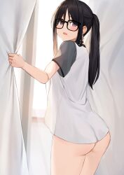 Rule 34 | 1girl, :d, anti (0324), ass, black hair, blush, breasts, choker, curtains, glasses, holding, large breasts, long hair, looking at viewer, mole, mole under eye, open mouth, original, ponytail, shirt, short sleeves, sidelocks, smile, solo, thighs