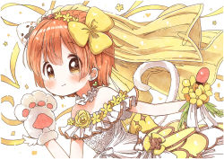 1girl animal_hands artist_name artist_request bare_shoulders blush cat_of_sugar collarbone detached_collar dress female_focus flower gloves granblue_fantasy hair_between_eyes hair_flower hair_ornament hairband hoshizora_rin leaning_forward looking_at_viewer love_live! love_live!_school_idol_project maid_headdress off-shoulder_dress off_shoulder orange_hair paw_gloves paw_pose short_hair single_glove smile solo thigh_strap white_background white_dress yellow_eyes yellow_flower