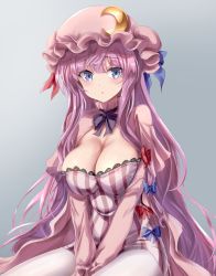 Rule 34 | 1girl, :/, blue eyes, blunt bangs, breasts, capelet, cleavage, crescent, crescent hat ornament, grey background, hat, hat ornament, highres, large breasts, long hair, long sleeves, looking at viewer, mob cap, namiki (remiter00), pantyhose, patchouli knowledge, purple hair, simple background, sitting, solo, touhou, v arms, very long hair, white pantyhose