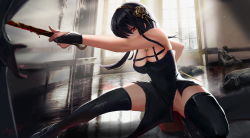 Rule 34 | 1girl, 4boys, black dress, black gloves, blood, bloody weapon, breasts, cleavage, corpse, dagger, dress, dual wielding, fingerless gloves, floating hair, flower, gloves, gold hairband, hair flower, hair ornament, hair over one eye, hairband, highres, holding, holding dagger, holding knife, holding weapon, knife, large breasts, long hair, meginalter, multiple boys, murder, on one knee, outstretched leg, red eyes, rose, short hair with long locks, sidelocks, solo focus, spikes, spy x family, stab, stiletto (weapon), thighhighs, thighs, torn clothes, torn dress, two-sided dress, two-sided fabric, weapon, yor briar