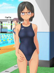 Rule 34 | 2girls, absurdres, black-framed eyewear, black hair, black one-piece swimsuit, blue sky, cameltoe, cleft of venus, cloud, collarbone, commentary request, competition swimsuit, cowboy shot, day, glasses, grey eyes, highleg, highres, logo, looking at viewer, multiple girls, one-piece swimsuit, original, pool, poolside, short hair, sky, solo focus, speedo (company), standing, swimsuit, takafumi, tan