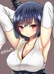 Rule 34 | 10s, 1girl, armpits, arms up, blush, breasts, brown background, cleavage, detached sleeves, headgear, jpeg artifacts, kantai collection, kase daiki, large breasts, looking at viewer, md5 mismatch, nontraditional miko, red eyes, resized, resolution mismatch, short hair, simple background, solo, source larger, twitter username, upper body, yamashiro (kancolle)