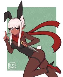 Rule 34 | 1girl, absurdres, animal ears, black hairband, black leotard, bodysuit, breasts, bridal gauntlets, brown bodysuit, cleavage, closed mouth, commentary, dungeon and fighter, english commentary, fake animal ears, folded ponytail, freydraws, green background, grey eyes, hairband, high heels, highres, holding, kunai, leotard, looking at viewer, medium breasts, playboy bunny, pointy ears, rabbit ears, rabbit tail, red footwear, red scarf, scarf, shoes, sidelocks, solo, strapless, strapless leotard, tail, v-shaped eyebrows, weapon, white hair