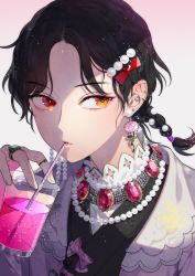 Rule 34 | 1boy, absurdres, bishounen, black hair, bow, braid, commentary request, cup, disposable cup, drink, drinking, drinking straw, ear piercing, earrings, embroidery, floral print, flower, flower earrings, gem, grey background, hair ornament, hairclip, heart, heart hair ornament, highres, holding, holding cup, jewelry, kazari tayu, light particles, lotus, male focus, medium hair, mouth hold, necklace, orange eyes, original, parted bangs, pearl necklace, piercing, ring, simple background, solo, upper body, white background
