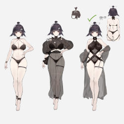 Rule 34 | 1girl, ass, bare shoulders, barefoot, bikini, black bikini, black one-piece swimsuit, bow, breasts, cleavage, commentary request, concept art, girls&#039; frontline, girls&#039; frontline neural cloud, grey background, hair bow, halterneck, hand on own hip, highres, large breasts, legs, mole, mole on thigh, mole under mouth, navel, nora (neural cloud), official alternate costume, one-piece swimsuit, prototype design, purple hair, red eyes, see-through, short hair, simple background, skindentation, swimsuit, t lege d, thigh strap