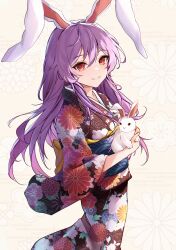 Rule 34 | 1girl, absurdres, animal, animal ears, black kimono, closed mouth, floral print, hair between eyes, highres, holding, holding animal, japanese clothes, kimono, long hair, long sleeves, obi, orchid (orukido), print kimono, purple hair, rabbit, rabbit ears, red eyes, reisen udongein inaba, sash, smile, solo, touhou, wide sleeves