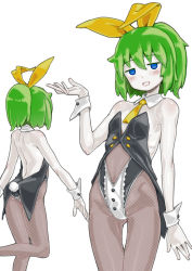 Rule 34 | 1girl, animal ears, back, black leotard, blue eyes, blush, breasts, collar, colored skin, commentary request, cookie (touhou), daiyousei, detached collar, diyusi (cookie), fake animal ears, fake tail, feet out of frame, fishnet pantyhose, fishnets, green hair, hair between eyes, highres, leotard, looking at viewer, man (man-room), necktie, open mouth, pantyhose, playboy bunny, ponytail, rabbit ears, rabbit tail, short hair, simple background, small breasts, smile, strapless, strapless leotard, tail, touhou, white background, white collar, white skin, wrist cuffs, yellow necktie