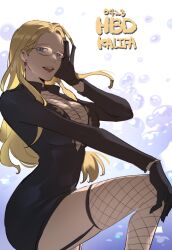Rule 34 | 1girl, black dress, blonde hair, blue eyes, commentary, dress, earrings, eyelashes, fishnet thighhighs, fishnet top, fishnets, glasses, gloves, hair behind ear, jewelry, kalifa (one piece), long hair, looking at viewer, one piece, open mouth, raine (acke2445), short dress, smile, soap bubbles, thighhighs, upper body