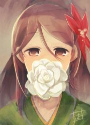 Rule 34 | 10s, 1girl, amagi (kancolle), brown eyes, brown hair, covering own mouth, flower, flower in mouth, furisode, gradient background, hair between eyes, hair flower, hair ornament, harunagi, japanese clothes, kantai collection, kimono, long hair, looking at viewer, mole, mole under eye, ponytail, portrait, solo, white flower
