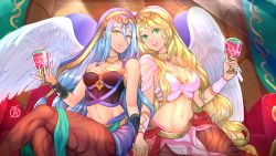 Rule 34 | 2girls, alternate costume, angel wings, artist logo, azura (fire emblem), bad id, bad imgur id, bare shoulders, blonde hair, blue hair, breasts, capelet, choker, cleavage, closed mouth, cup, detached collar, fire emblem, fire emblem: radiant dawn, fire emblem fates, fire emblem heroes, gold trim, green eyes, habit, highres, holding, holding cup, holding hands, jewelry, leanne (fire emblem), midriff, multiple girls, navel, necklace, nintendo, off-shoulder shirt, off shoulder, official alternate costume, open mouth, pantyhose, pelvic curtain, print legwear, print pantyhose, revolverwing, shirt, smile, strapless, white wings, wings, yellow eyes