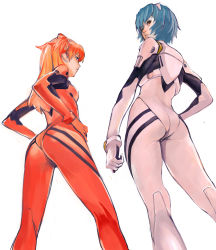 Rule 34 | 2girls, ass, ayanami rei, blue eyes, blue hair, bodysuit, bracer, clenched hand, closed mouth, from behind, from below, from side, gloves, hair between eyes, hand on own hip, hands on own hips, headgear, highres, kiyohisa, kneepits, legs apart, long hair, looking at viewer, looking back, looking to the side, multiple girls, neon genesis evangelion, orange hair, pale skin, parted lips, pilot suit, plugsuit, profile, red eyes, red hair, short hair, simple background, sketch, skin tight, souryuu asuka langley, standing, two side up, white background
