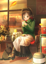 Rule 34 | 1girl, aiuabo, alternate costume, animal bag, apron, autumn leaves, bag, bench, black cat, blush, bob cut, boots, brown hair, cat, cat bag, coat, coffee cup, convenience store, cup, disposable cup, dress, eating, enmaided, gloves, green coat, handbag, high heels, highres, long dress, looking at animal, looking down, maid, maid apron, maid headdress, open mouth, original, outdoors, plant, red gloves, red scarf, scarf, shop, short hair, sitting, solo, winter clothes, winter coat