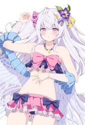 Rule 34 | 1girl, ahoge, armpits, azusa (blue archive), azusa (swimsuit) (blue archive), bare shoulders, bead necklace, beads, blue archive, collarbone, commentary request, detached sleeves, feathered wings, flower, frilled swimsuit, frills, hair between eyes, hair flower, hair ornament, highres, jewelry, long hair, looking at viewer, lying, navel, necklace, purple eyes, reia 76, sidelocks, silver hair, simple background, solo, stomach, swimsuit, two side up, white background, white wings, wings