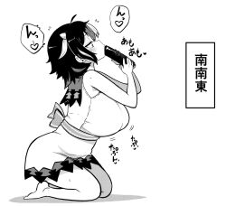 Rule 34 | 1girl, ahoge, barefoot, blush, breasts, cone horns, dress, ehoumaki, fellatio, food, from side, full body, heart, high contrast, highres, himajin noizu, holding, holding food, horns, kijin seija, large breasts, makizushi, monochrome, multicolored hair, oral, seiza, sexually suggestive, short hair, simple background, simulated fellatio, sitting, solo, streaked hair, sushi, touhou