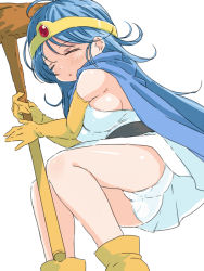 Rule 34 | 1girl, ass, blue hair, cape, circlet, dragon quest, dragon quest iii, elbow gloves, closed eyes, gloves, holding, holding staff, lying, naitou kouse, on side, panties, pantyshot, sage (dq3), sleeping, solo, staff, underwear, white background, white panties, yellow gloves