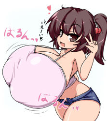 Rule 34 | 1girl, breasts, brown eyes, brown hair, female focus, gigantic breasts, groin, hair bobbles, hair ornament, looking at viewer, moyashi udon, no bra, no panties, open mouth, oppai loli, pants, ponytail, puffy nipples, shirt, shorts, simple background, smile, solo, standing, text focus, translated, v, white background