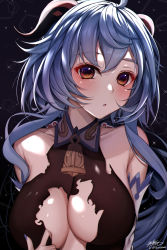 Rule 34 | 1girl, :o, ahoge, bare shoulders, bell, blue hair, blush, bodysuit, breasts, center opening, cowbell, detached sleeves, fingernails, ganyu (genshin impact), genshin impact, goat horns, highres, horns, large breasts, long sleeves, looking at viewer, open mouth, torn bodysuit, torn clothes, upper body, yeooudam