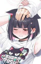 Rule 34 | 1boy, 1girl, 3;, animal ears, armpits, arms up, black choker, black hair, blue archive, blunt bangs, blush, bob cut, bracelet, cat ears, cat girl, choker, close-up, colored inner hair, commentary request, earrings, embarrassed, english text, extra ears, halo, headpat, highres, holding hands, jewelry, kazusa (band) (blue archive), logo, long sleeves, lonklink, looking at viewer, mask, mask on head, mouth mask, multicolored hair, official alternate costume, one eye closed, out of frame, parted lips, print shirt, red eyes, sensei (blue archive), shirt, short hair, short sleeves, sidelocks, simple background, surgical mask, sweatdrop, t-shirt, two-tone hair, white background, white shirt
