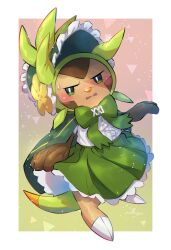 Rule 34 | absurdres, blush, bonnet, border, bow, chespin, clothed pokemon, creatures (company), game freak, gen 6 pokemon, green bow, green skirt, highres, nintendo, no humans, nullma, pokemon, pokemon (creature), shirt, signature, skirt, solo, white border, white shirt