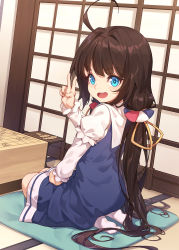 Rule 34 | 10s, 1girl, :d, ahoge, blue dress, blue eyes, board game, brown hair, commentary request, dress, hair intakes, hair ribbon, highres, hinatsuru ai, indoors, layered sleeves, long hair, long sleeves, low twintails, nian (zhanian), open mouth, puffy short sleeves, puffy sleeves, ribbon, ryuuou no oshigoto!, seiza, shogi, short over long sleeves, short sleeves, sitting, smile, socks, solo, teeth, twintails, upper teeth only, v, v-shaped eyebrows, very long hair, white socks, yellow ribbon